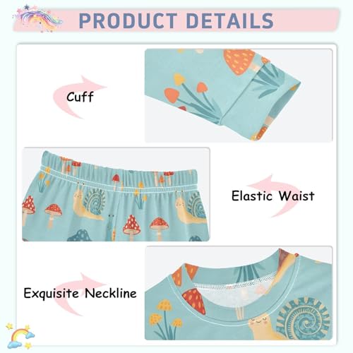 Pajama Sets Long Sleeve Snails Mushrooms Flowers on Blue Soft Comfy Sleepwear 2 Piece PJS 3-8T4