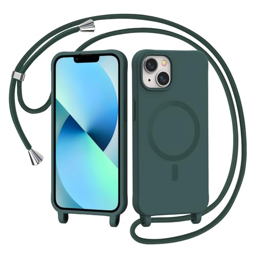AOMYKE Coque Magnétique pour iPhone 13 / iPhone 14 avec Cordon, Compatible avec MagSafe Collier Étui Silicone Liquide avec Tour de Cou Lanière en Corde Souple TPU...
