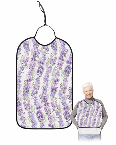 LEOKOTI Purple Spring Floral Botanical Adult Bibs for Eating, Waterproof Bibs with Food Catcher & Adjustable Snap Closure, Watercolor Summer Flower Washable Clothing Protectors Adult Bibs for Elderly