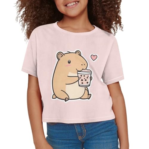 Image of Girls Fashion Crewneck Tee Shirts Casual Short Sleeve Crop Top Summer Outfits 5-14 Years Old