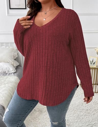 Image of Koscacy Women Plus Size Casual Knit Sweater V Neck Solid Color Tops Lightweight Long Sleeve Blouses