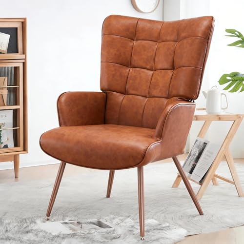 - Grid Tufted Pu Leather Armchair For Living Room, Bedroom & Office - High-back Comfy Reading Chair With 300lb Capacity, Vintage Brown