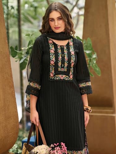Image of INDO ERA Women's Straight Linen Floral Embroidered Kurta Pant with Dupatta Set (IEOUT9910)