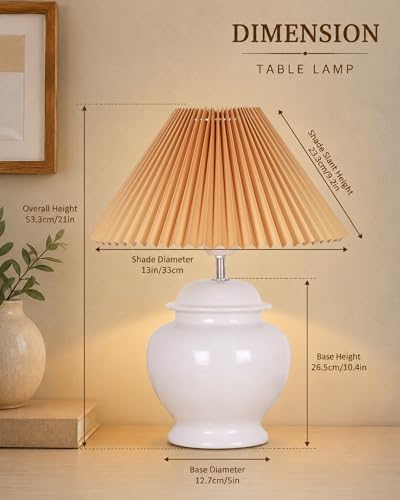 Image of Homesake White Ceramic Table Lamp for Bedroom Living Room,Incandescent,Modern Bedside Lamps Light,Nightstand for Home Office,Minimalist Nordic Style Accent Lighting Decor, (Jute Pleated Shade)