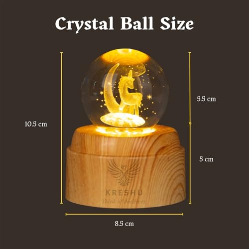 Image of KRESHU Unicorn Moon 3D Crystal Rotating Glass Ball Dimmable Warm LED Light Wooden Stand Luminous USB Cable Decoration Night Lights for Art Home Decoration Birthday Gift (Pack of 1)