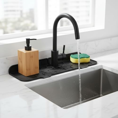 Deconox Silikon Musluk Matı ve Lavabo Sıçrama Önleyici – Mutfak ve Banyo İçin Su Tahliyeli Tezgah Koruyucu, Sünger ve Sabunluk Düzenleyici, Kaymaz Musluk Arkası Kurutma Pedi (ASORTİ)