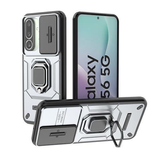 Image of Heavy Duty Armor Back Case Cover for Samsung Galaxy M56 5G - Magnetic Kickstand Ring with Camera Shutter Protection, Rugged Bumper Hard Back Cover for Samsung M56 5G (PC & TPU|Silver)