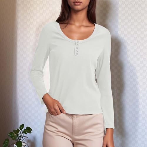 Camisetas de manga larga para mujer con adornos de botones, perfectas para el uso diario, ajuste versátil para cualquier temporada, ideal para poner encima o como estilo independiente. Top blanco para