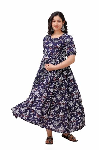 Image of Women's Rayon Anarkali Maternity Ankle Length Dress, Pregnancy Dress,Feeding Kurti,Easy Brest Feeding Dress, with Both Side 9 inch Zipper and Belt