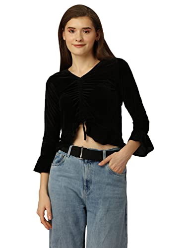 Image of SXV Ruched Pullover Black Velvet Crop Top