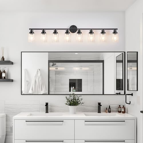 Image of 8-Light Black Vanity Lights, Modern Bathroom Light Fixtures with Clear Glass Shade, Wall Lamps for Mirror Kitchen Hallway Cabinet Living Room Sconces Lights - E26