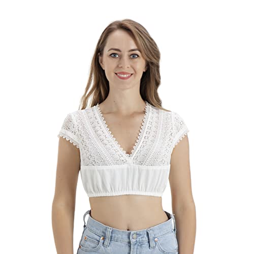 Kelliar Damen Dirndl Bluse Spitze V-Ausschnitt Trachtenbluse Spitze für Oktoberfest,Weiß,Size 38 Cover