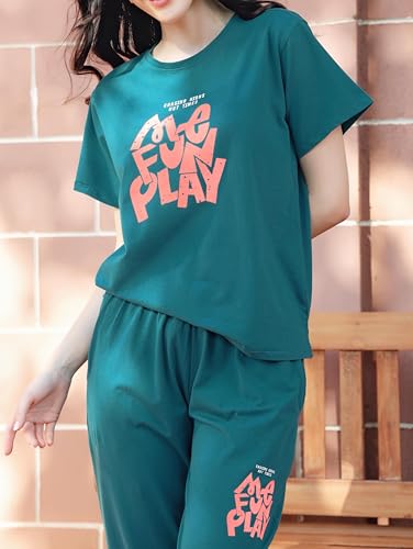 Image of ZEYO Night Suit for Womens Typography Printed Cotton Night Dress of Top and Joggers