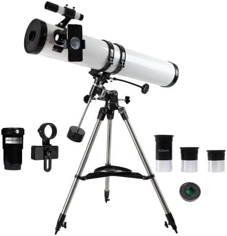ESSENWI 114EQ Reflector Telescope for Adults Astronomy, w/ 3 Eyepieces, 3X Barlow Lens, Moon Filter, Fully-Coated Glass Optics, Adjustable Equatorial Mount Tripod for Beginners Astronomer, White