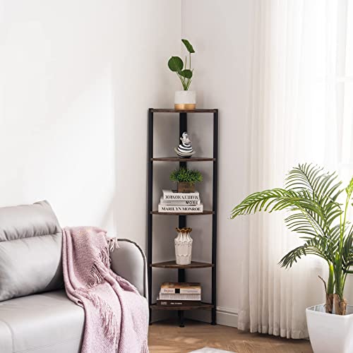 Apicizon 5 Tier Corner Shelf, Industrial Corner Bookshelf Small Bookcase Rustic Storage Rack Plant Display Stand For Living Room, Home Office, Kitchen, Small Space, Brown #TOP6