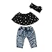 Juego de 3 piezas de ropa para bebé niña con volantes y hombros descubiertos, estampado de leopardo, top corto + jeans de mezclilla rasgados + diadema 1-7 años
