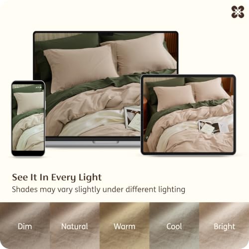 Image of Bedsure PureWoven 100% Washed Cotton Duvet Cover Set, Full Size, 3-PC | Linen Like Texture, Percale Breathable Bedding Set for All Seasons, Zipper Closure, 8 Corner Ties, Frosted Almond, 80 inch x 90 inch