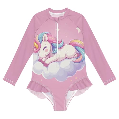 CaTaKu Girls One Piece Swimsuit Unicorn Sweetly Cloud Toddler Bathing Suit Long Sleeve UPF 50+ Rash Guard Swimwear 3-12Y