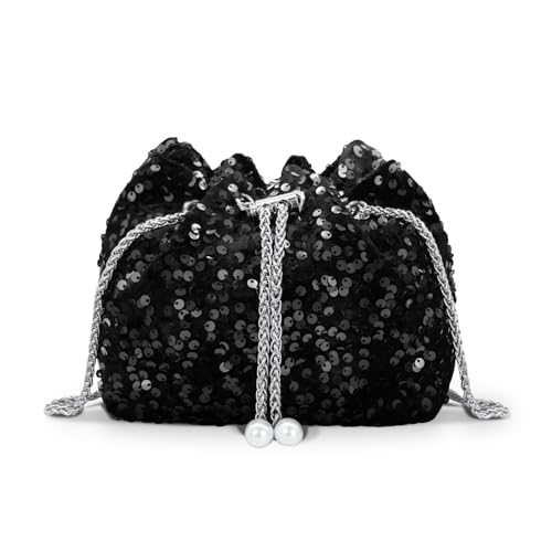 AfitLulu Lentejuelas Bolso Mujer Brillante Bolso de Noche Bolsos de Cadena, Elegante Bolsos Fiesta Mujer Crossbody Bag con Cadena Desmontable para Citas Fiestas Banquete (Negro)