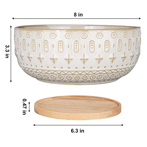 Fivepot 10+8 Inch Ceramic Succulent Planter Pots With Drainage Hole Clay Flower Pot For Indoor Plants Round Shallow Bonsai Pot With Bamboo Tray White #TOP4