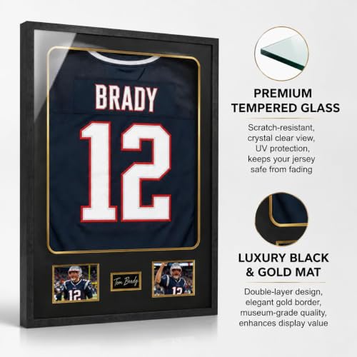 Image of IHEIPYE Tempered Glass Jersey Frame Wall Mount Shirts Black Gold Mat 2 Pack | Picture Slots, Football, Basketball, Hockey Jerseys, Photos, Single Signature Display