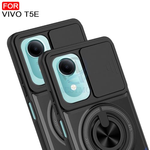 Image of AESTMO Vivo T5E Back Cover | Armor Camera Slider 360 Degree Rotating Finger Ring Holder Case with Bracket Stand Back Case Cover (Compatible with MagSafe Accessories) (Black)