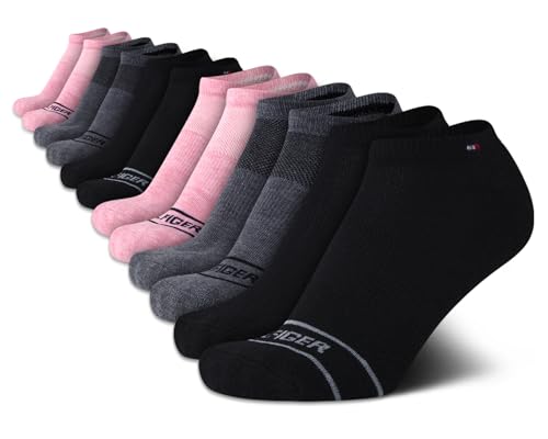 Tommy Hilfiger Womens No Show Socks – 12 Pack Soft Cushioned Low Cut Athletic Socks for Women (Size: 4-10), Size 4-10, Black/Grey/Pink