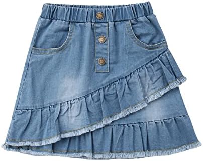 Linlinchuli Toddler Kids Baby Girls Denim Mini Skirt Ruffle Hem A-Line Pleated Short Dress (Blue, 4-5T)