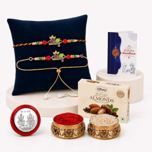 Image of DeoDap Rakhi with Chocolate for Bhai & Bhabhi - Stylish Rakhi for Bhai & Lumba for Bhabhi with Almond Chocolate, Silver Color Coin, Tilak Set & Greeting Card, Raksha Bandhan Combo Pack (K1 X53 CA32)