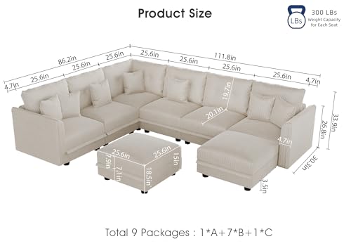 Image of LLappuil Modular Storage Sectional Sofa with Ottoman, U Shaped 8-Seat Corduroy Couch with 7 Throw Pillows, Convertible Sofa Set for Living Room, Skin-Friendly & Soft, Scratch Resistant, Beige