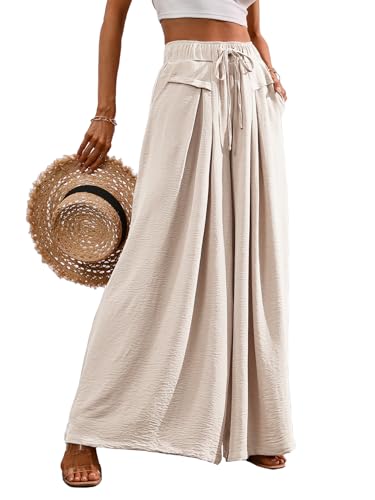CORSKI Flowy Wide Leg Palazzo Pants for Women Dressy Casual Elastic Waist Lounge Long Trousers with Pocket Large Beige - image 1