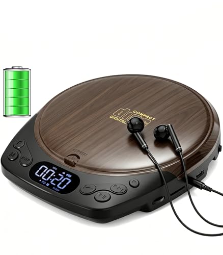 Rechargeable CD Player with Headphones Portable CD Player for Car & Home Small CD Players Portable with 60s Anti-Skip Supports CD/MP3/WMA/TF Card/AUX Backlit/Lock/Programmable/Timer(Walnut
