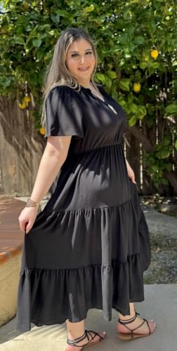 Image of TIYOMI Women Plus Size Dress Boho V Neck Short Sleeve Beach Maxi Dresses Floral /Stripe /Leaves /Lemon XL-5XL