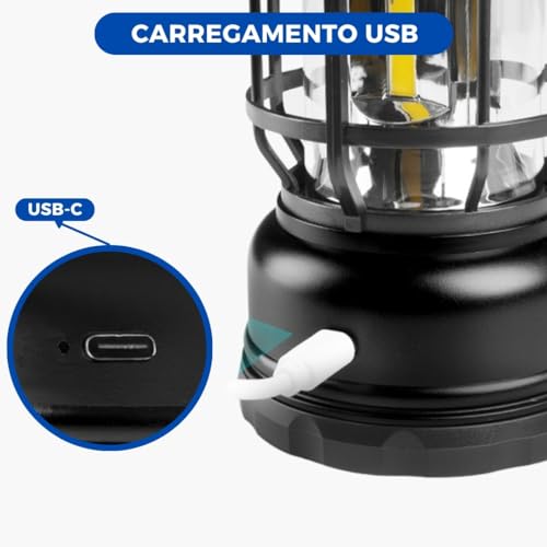 Lampião Retrô Lanterna Luminária LED Recarregável Portátil para Camping, Pesca e Acampamento, com Re
