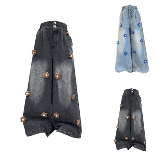 Betadog Kids Girls Ripped Distressed Washed Baggy Wide Leg Casual Pants Girl's Casual Elastic Girls Vintage Loose Jeans