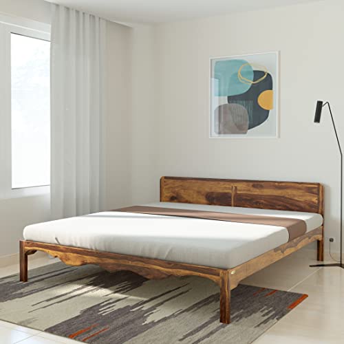 Image of Solid Sheesham Wood Mehraab King Size Bed Without Storage with Headboard | Palang Cots Wooden Double Beds for Bedroom, Living Room, Hotel and Home (Natural Finish)