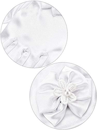 Chuangdi White Short Princess Lace Gloves First Communion Satin Gloves with Bow Tie for Girls Women Wedding Faux Pearl Decoration Party(Satin Type, White)3