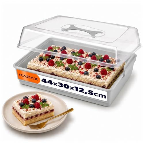 KADAX Kuchenbox mit Deckel, 44 x 30 x 12,5 cm, Kuchenbehälter aus Kunststoff, Transport-Box mit Griff, Kastenform, für Blechkuchen Muffins, rechteckig, Lebensmittelbox (Grau)