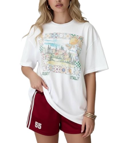 Women Teen Girl Oversized Summer Tops Y2k Cute Loose Fit Short Sleeve Fruit Floral Flower Aesthetic Crew Neck Graphic T Shirts Vintage Beach Baggy Tees (A1 White, M)