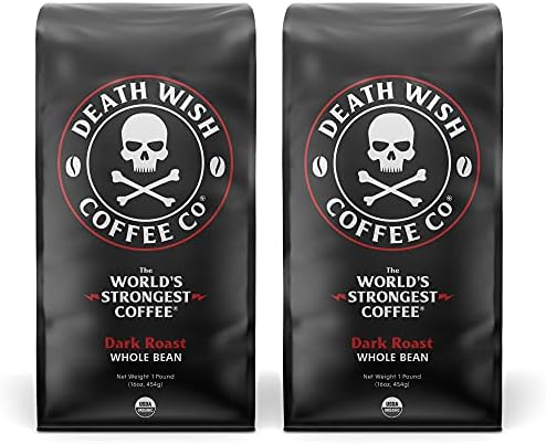 Death Wish Coffee Whole Bean Dark Roast - Extra Kick of Caffeine - USA Organic Coffee Beans Bundle/Bulk - Fair Trade Arabica & Robusta Coffee - Real Dark Roast Coffee Beans (16 Oz, 2-Pack)