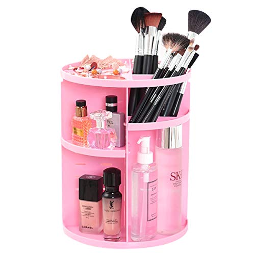 Mecool Makeup Organiser Rotating 360 for Girls Women Large Makeup Storage, Fits Lipsticks,Makeup Brushes, Perfume and More- Pink