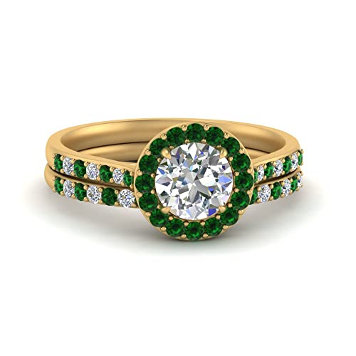 Image of Choose Your Gemstone Round Halo Ring with Matching Pave Band Yellow Gold Plated Round Shape Wedding Ring Sets Everyday Jewelry Wedding Jewelry Handmade Gifts for Wife US Size 4 to 12