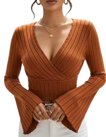 Image of Women Ribbed Knit V-Neck Wrap Top | Long Flare Sleeve Slim Fit Stylish Blouse for Casual