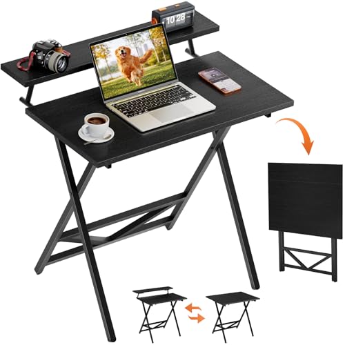 Image of WOHOMO Folding Computer Desk with Adjustable Height, 23.6 inch x 31.5 inch x 25.6 inch Foldable Table with Monitor Stand, Small Office Desk for Bedroom, Space Saving Desk for Home Office, Easy Assemble, Black