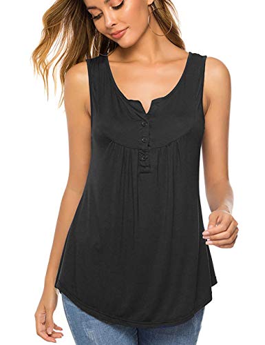 LuckyMore Sleeveless Tunic Tops for Leggings for Women Button V-Neck Summer Shirts Swing Pleated Blouses L Black