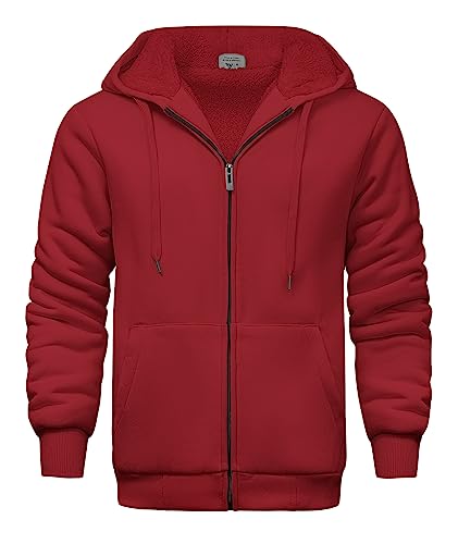 V VALANCH Men Hoodies Zip Up Sherpa Lined Sweatshirts Heavyweight Thick Warm Fleece Winter Jacket, Red 3XL