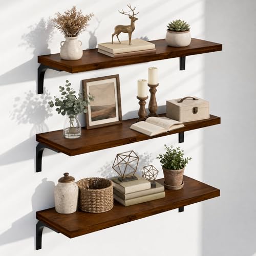 Image of 12 Inch Deep Floating Shelves Set of 3, 36 Inch Extra Wide Walnut Solid Wood Wall Shelves with 150 lbs Capacity, Heavy Duty Farmhouse Wall Mounted Shelving for Kitchen, Living Room & Bedroom