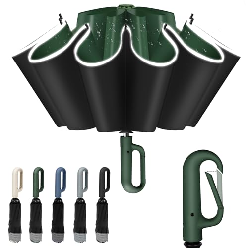 Vicloon Ombrello Pieghevole Antivento da Pioggia, 106 cm Ombrello Inverso Automatico, 10 Stecche Rinforzate, Manico con Fibbia da Alpinismo, Protetto Dagli UV, Perfetto per Uomo Donna (Verde)