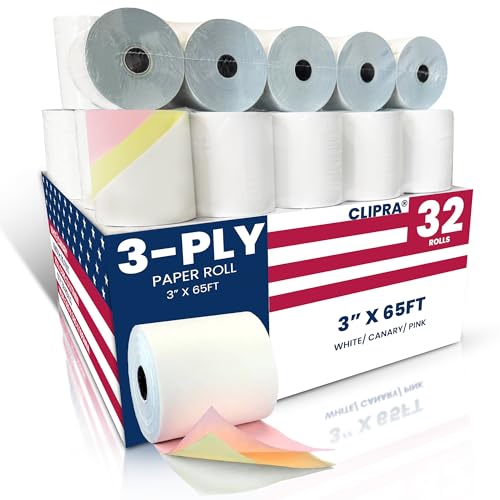 Image of (32 Rolls) Kitchen Printer Paper White /Canary /Pink Carbonless 3 inch x 65 Feet