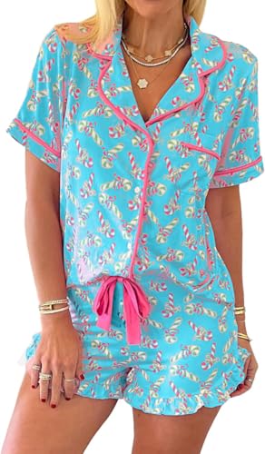Image of KevaMolly Women Novelty Knotted Candy Cane Christmas Pajama Set | Christmas Floral Bow Print PJ Set, Button Lapel Knotted Drawstring Shorts with Convenient Side Pockets